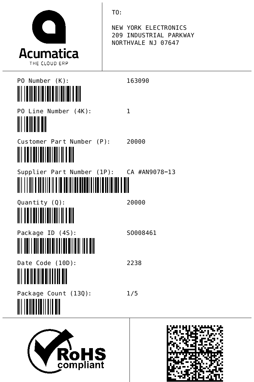 Label with mix of 1D and 2D barcodes, and Logos