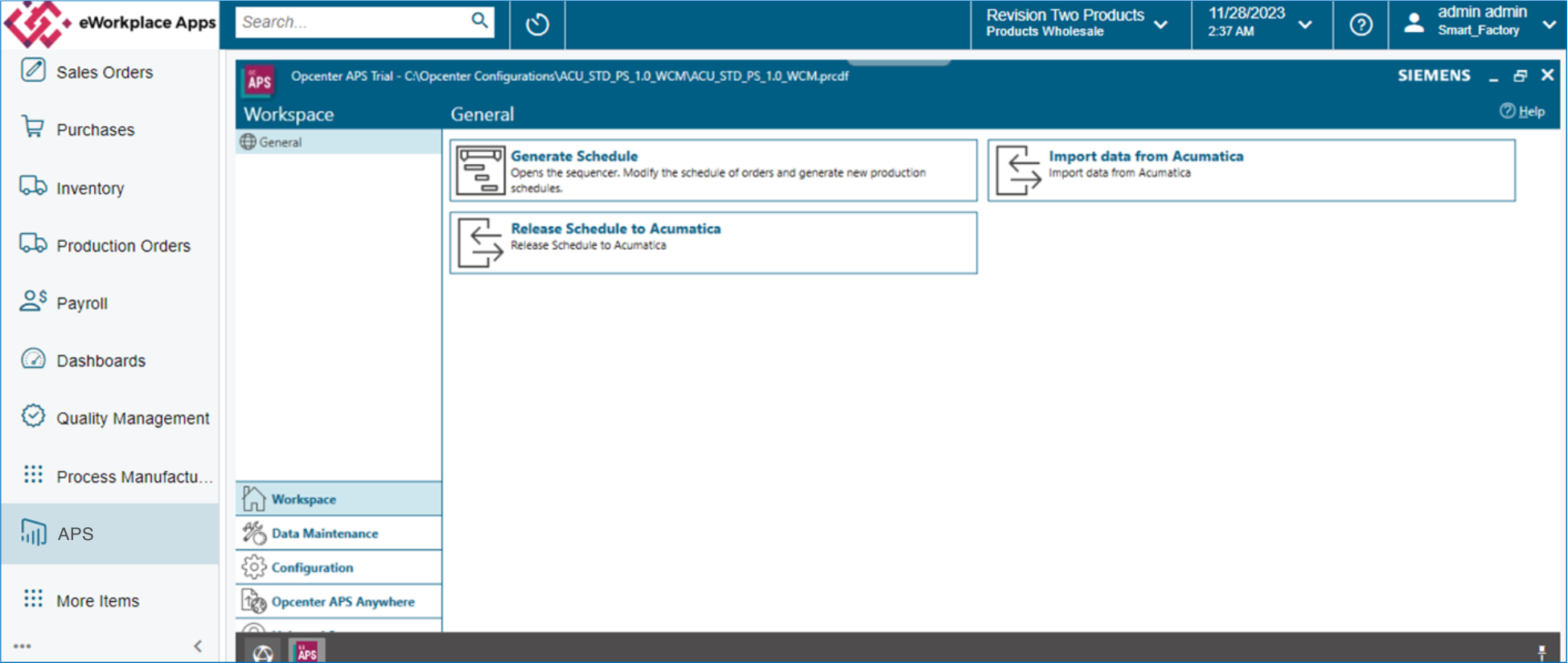 APS Powered by Siemens Opcenter within Acumatica