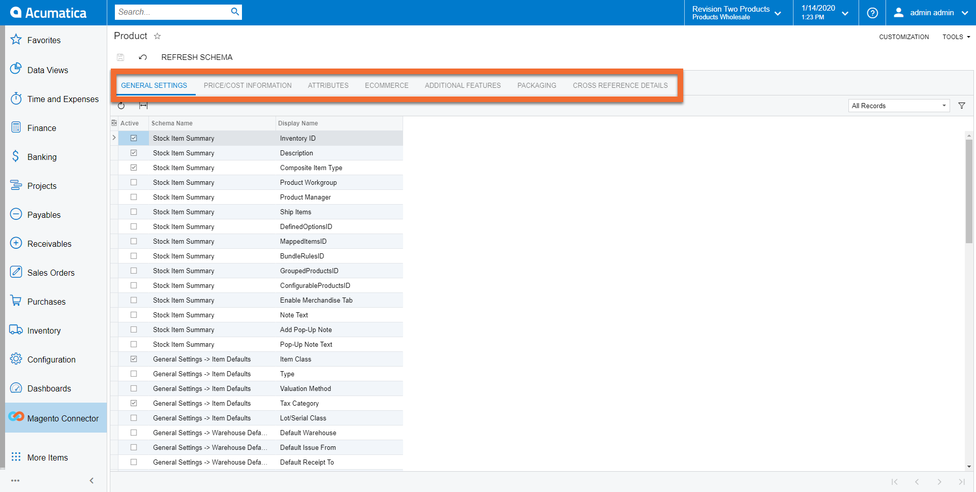 Product Schema Selection Screen in Acumatica