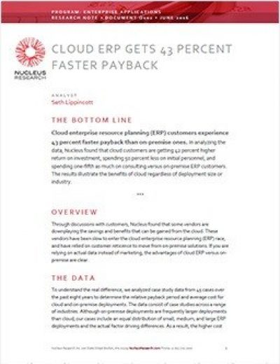 Cloud ERP Gets 43 Percent Faster Payback