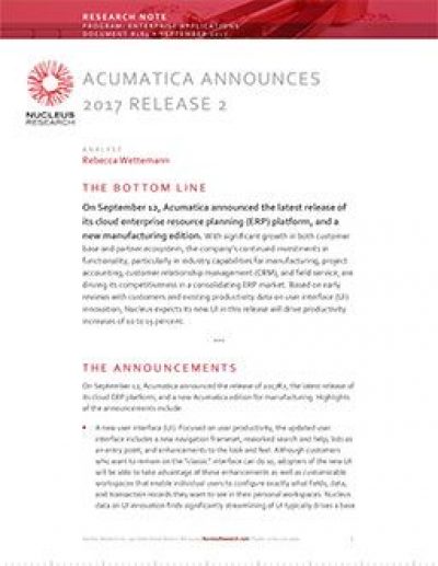 Acumatica Announces 2017 2017 Release 2
