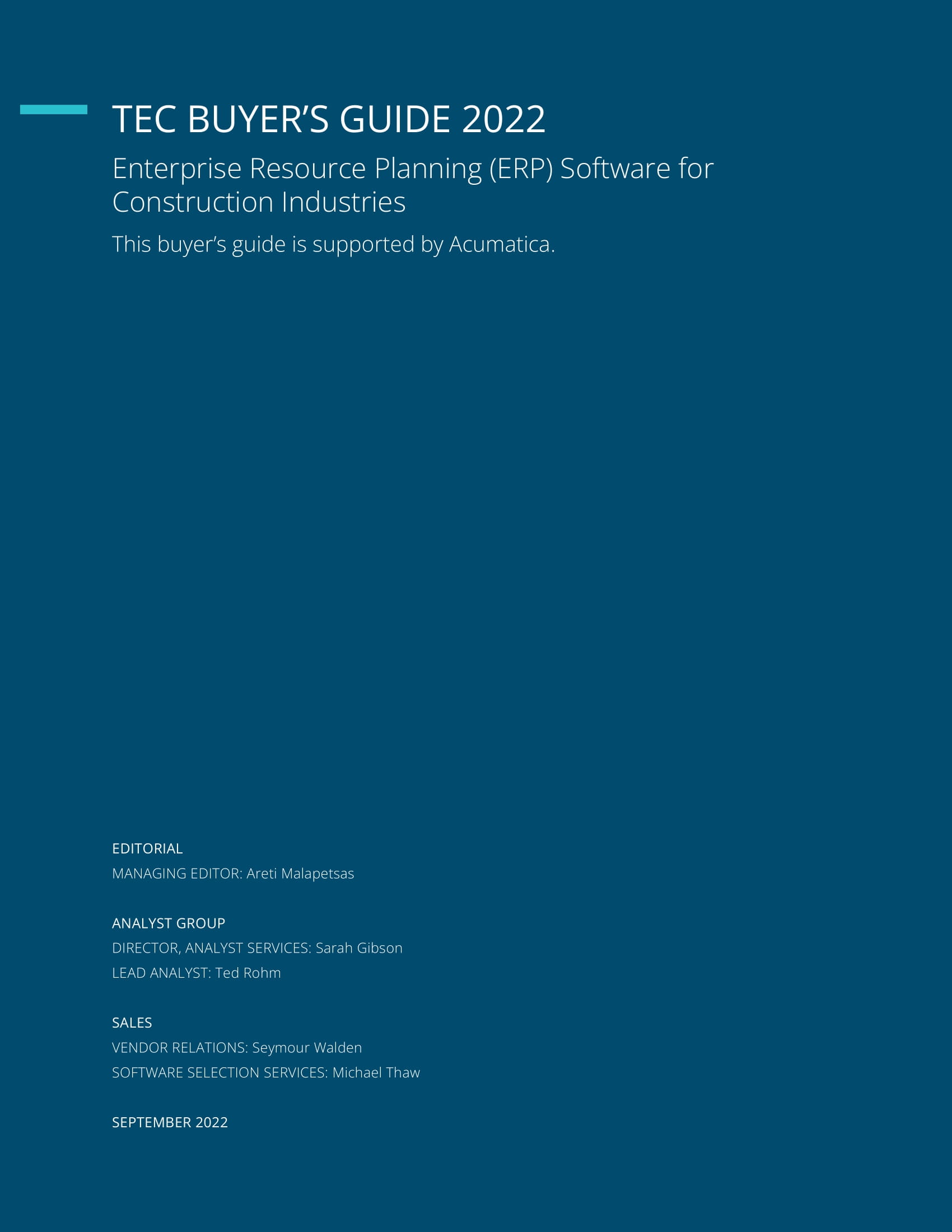 The ERP Software for Construction Industries Buyer’s Guide by Technology Evaluation Centers (TEC) features Acumatica., page 1