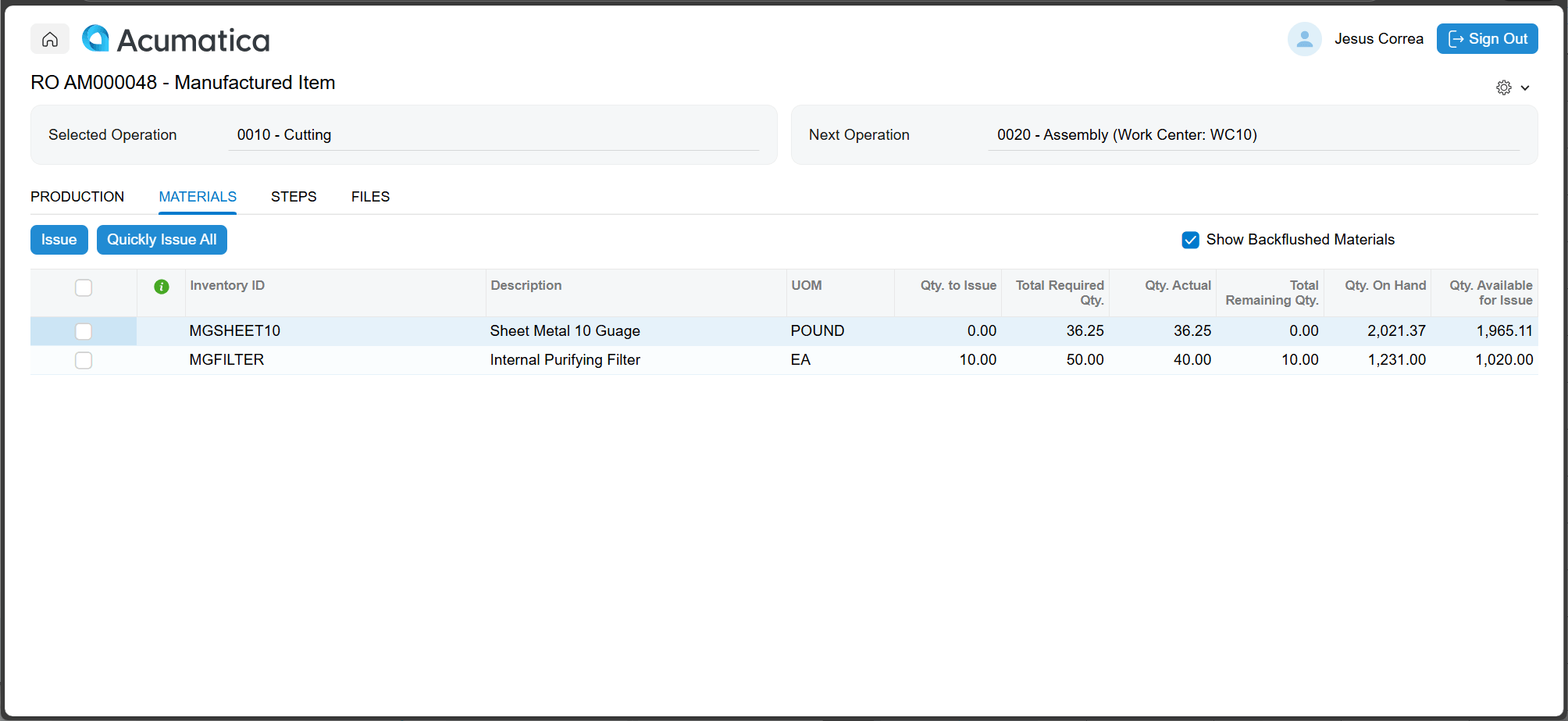 Shop Floor Kiosk Material Transactions Screenshot of Shop Floor Kiosk material transactions